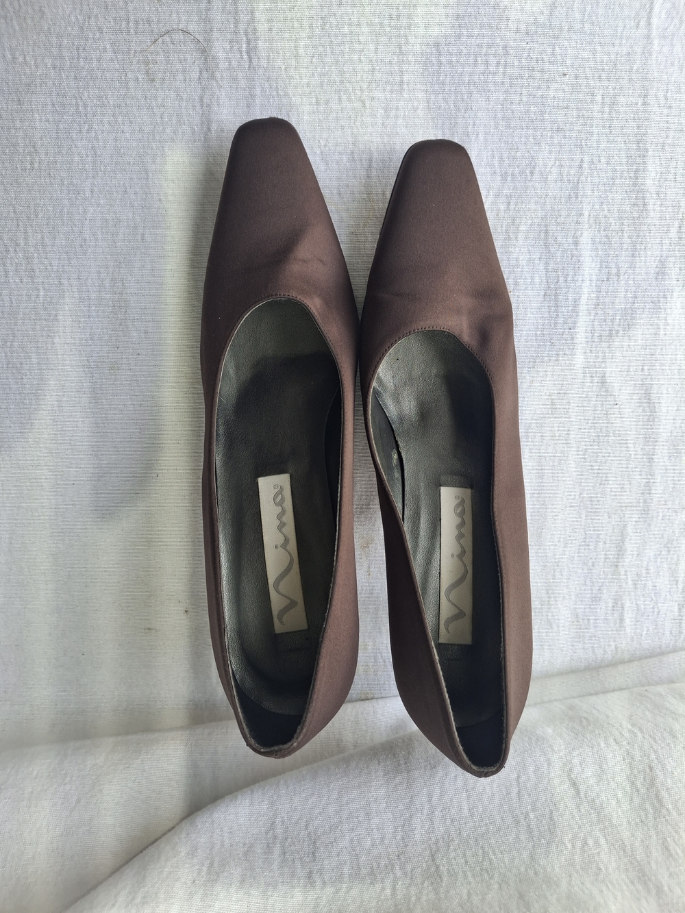 Nina Brown Square-Toe Satin 3 ins Hi Heel Pumps